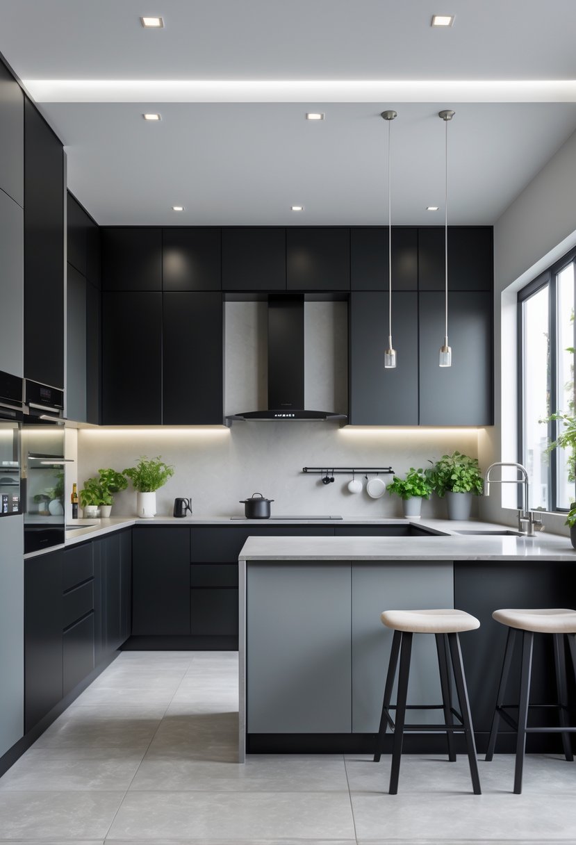 A modern kitchen with black upper cabinets and grey lower cabinets, a light countertop, stainless steel appliances, and natural light coming through large windows.