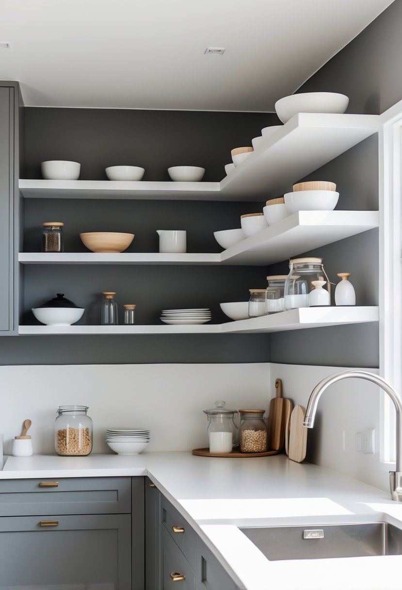 A modern kitchen with grey and white shelves holding kitchenware and decor, illuminated by natural light.