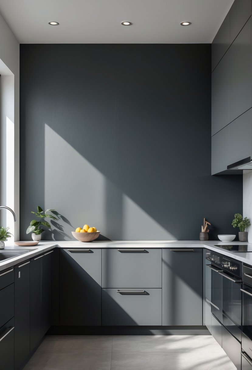 A modern kitchen with a dark grey accent wall, grey cabinets, stainless steel appliances, and natural light coming through a window.