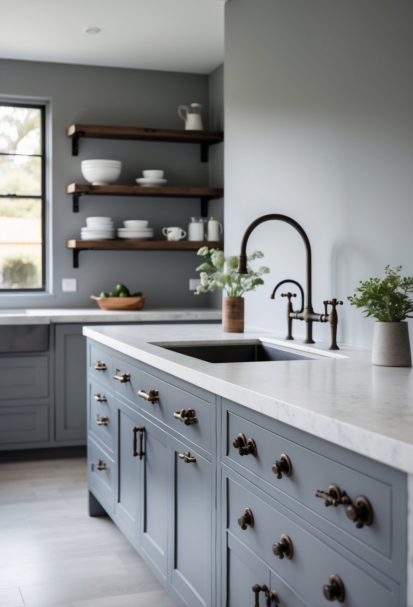 A grey kitchen with cabinets featuring vintage iron handles and knobs, a light countertop, and a farmhouse-style sink with an iron faucet.
