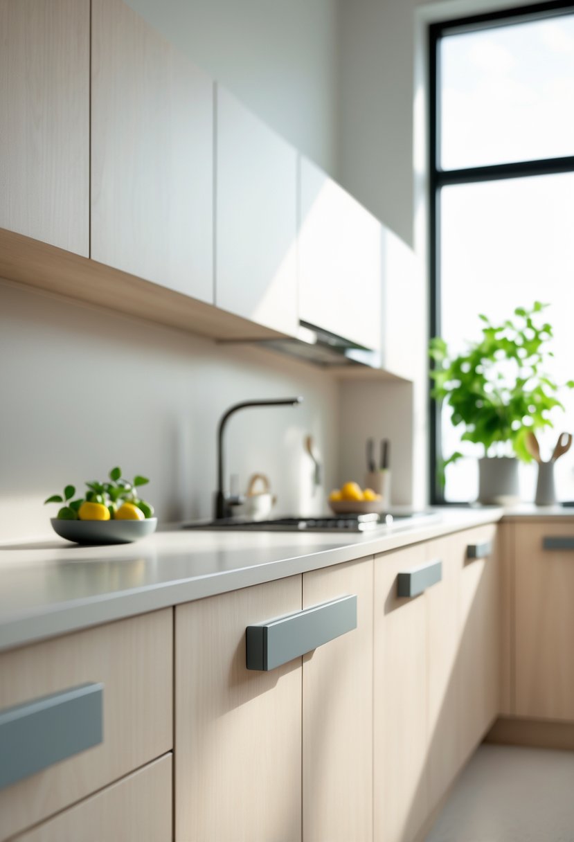 A modern kitchen with light wooden cabinets and grey cabinet handles, featuring a clean countertop with a small plant and a bowl of fruit.