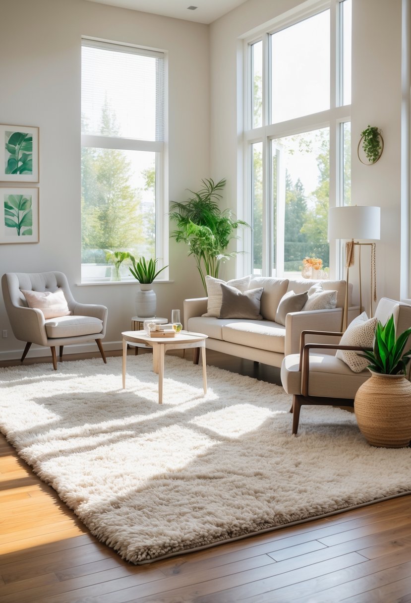 A modern living room with different sized rugs under seating areas, sunlight coming through large windows, and plants decorating the space.