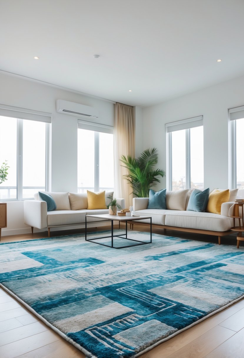 A modern living room with a large rug connecting the sofa and coffee table, illuminated by natural light from windows.