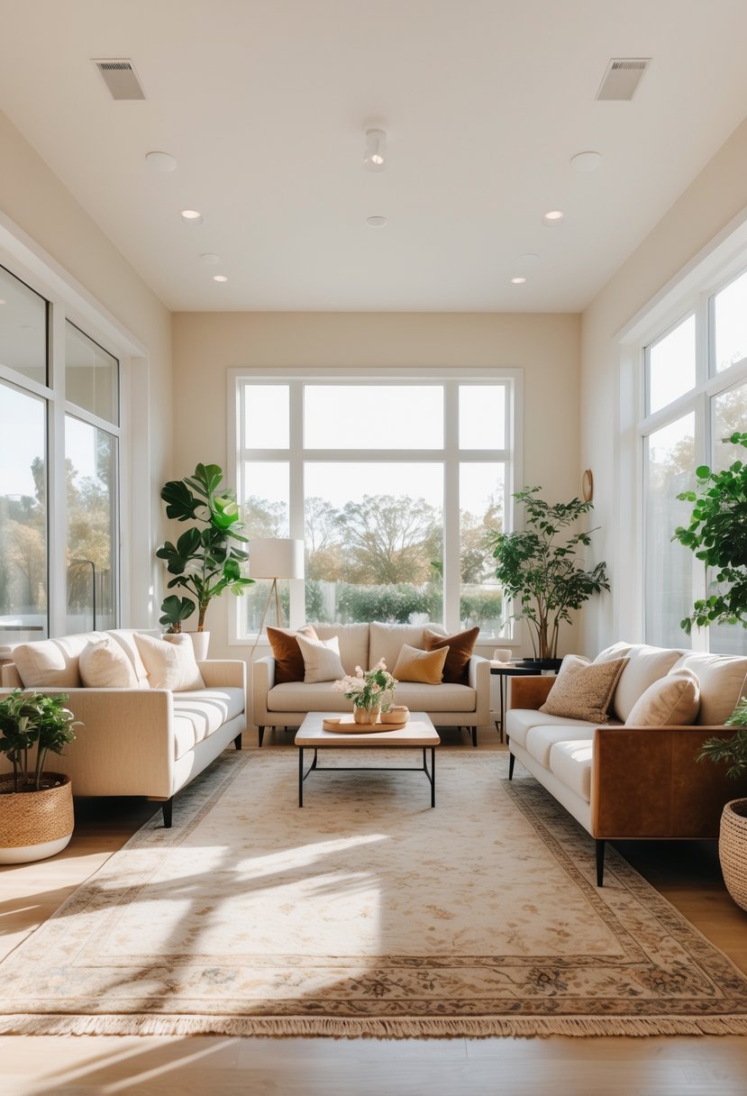 A bright living room with a large area rug under a sofa and coffee table, surrounded by plants and natural light.