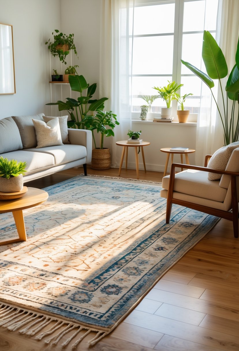 A bright living room with multiple rugs arranged to create a balanced and inviting seating area with natural light coming through a large window.