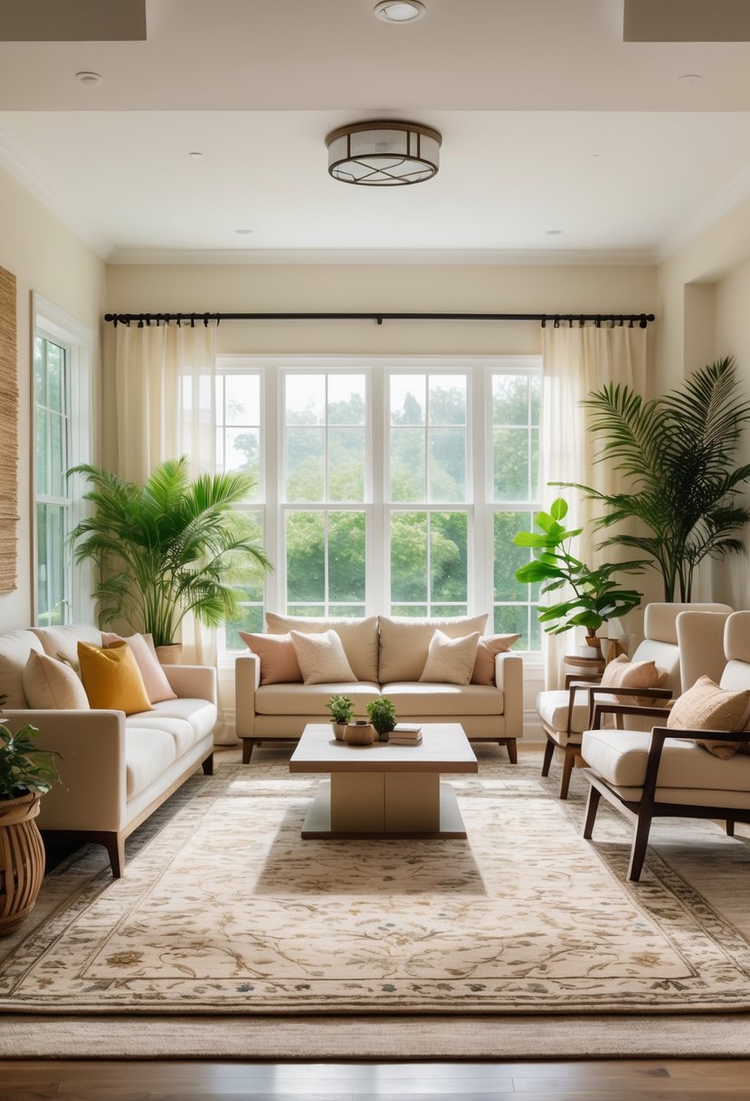 A living room with a large rug centered under a coffee table, surrounded by sofa and chairs, with natural light and plants creating a calm and balanced atmosphere.