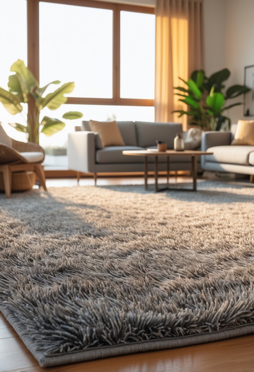 A bright living room with a large rug, sofa, coffee table, and indoor plants arranged around it.