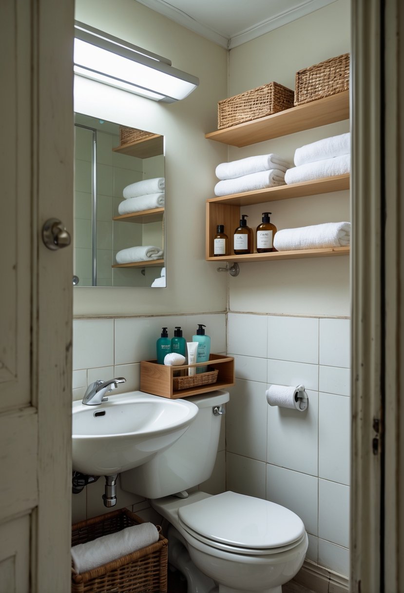 Small bathroom with original fixtures and open shelving holding toiletries and towels, showing practical storage without renovation.