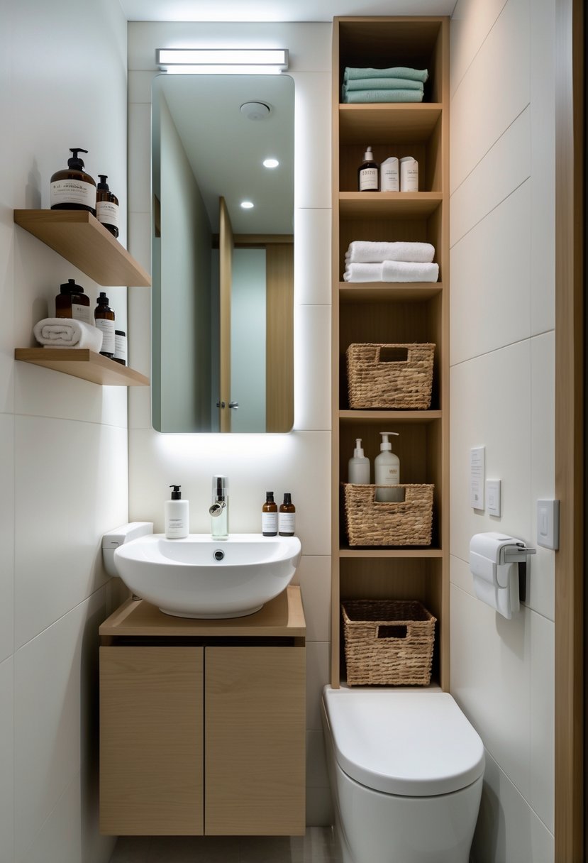 Small bathroom interior with compact sink, wall-mounted wooden shelf holding toiletries, narrow vertical storage cabinet with baskets, and a mirror above the sink.