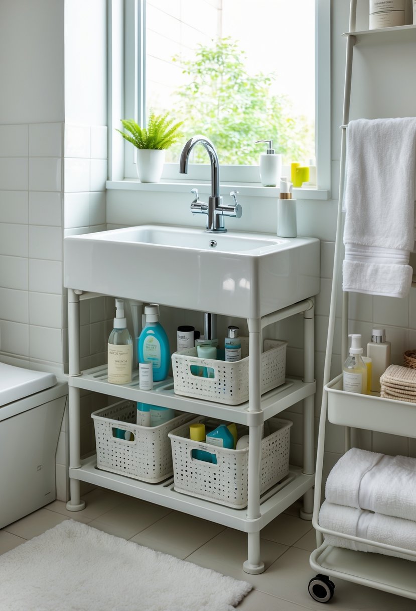 Small bathroom with organized storage under the sink and on the floor, featuring bins, baskets, and shelving holding toiletries and towels.