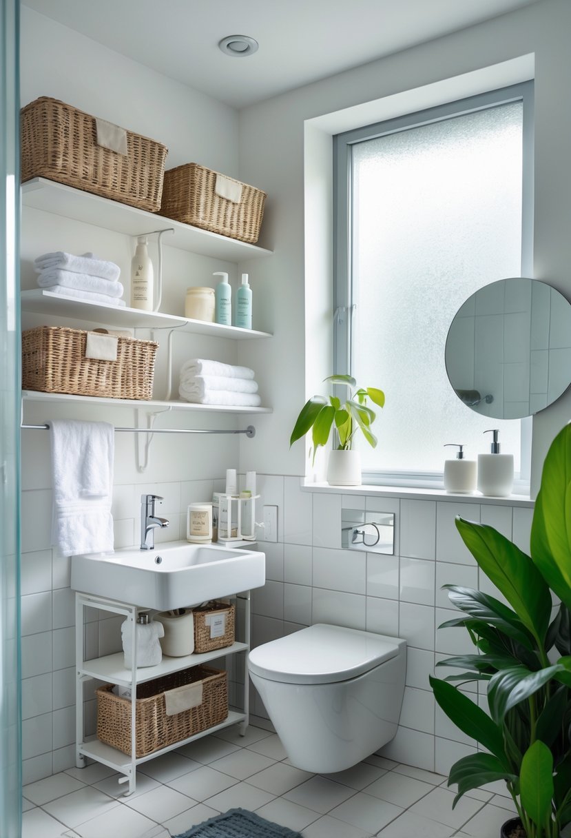 A small bathroom with shelves and wall-mounted baskets holding toiletries and towels, featuring a sink, mirror, and plants.