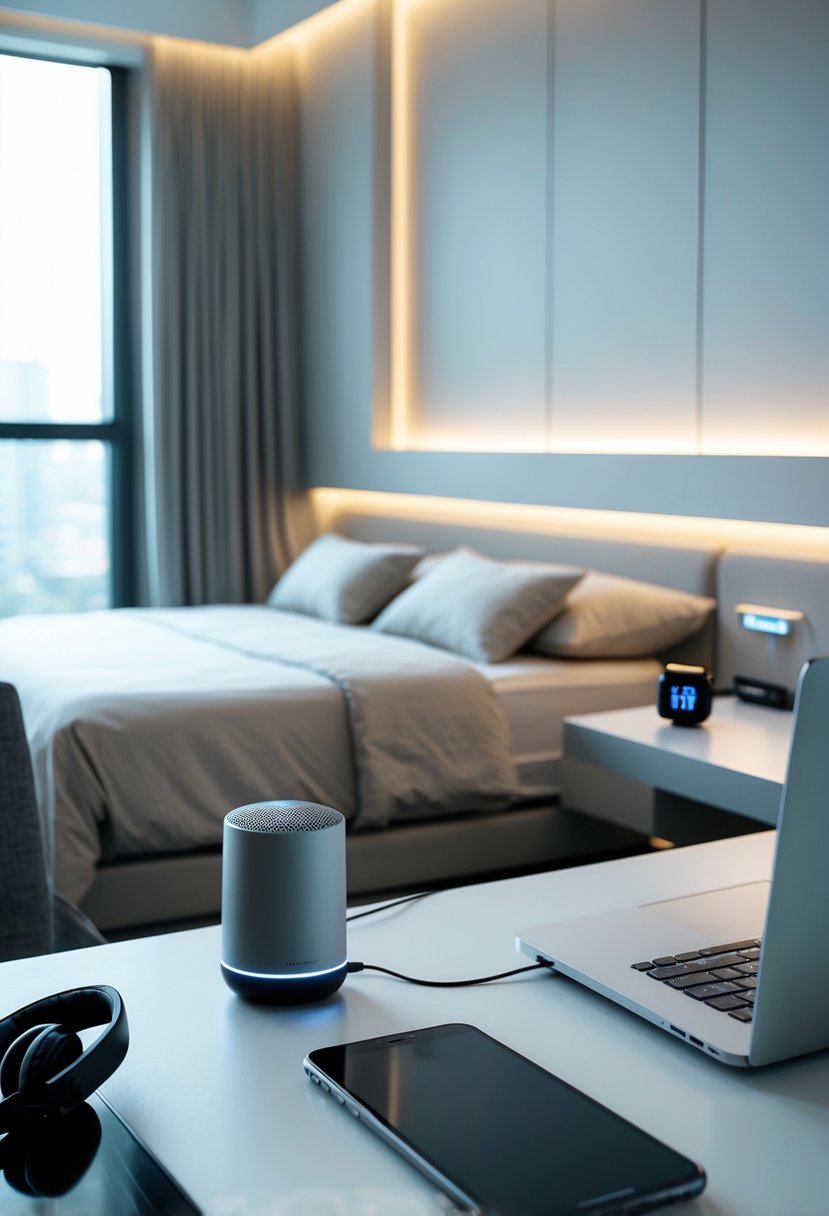 A bedroom with a bed, bedside table, laptop on a desk, smartphone, smart speaker, and headphones arranged neatly.
