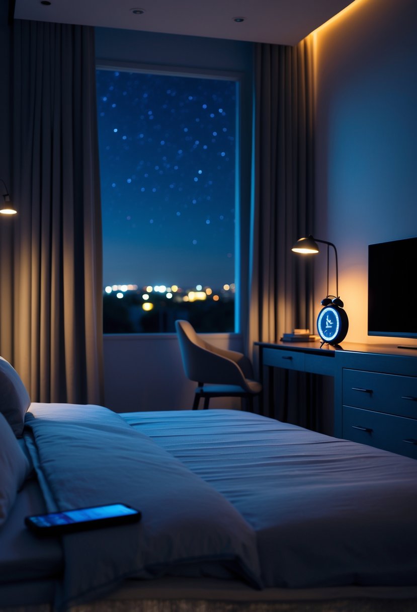 A modern bedroom at night with a bed, bedside table holding a smartphone and alarm clock, a closed laptop on a desk, and a turned-off TV.