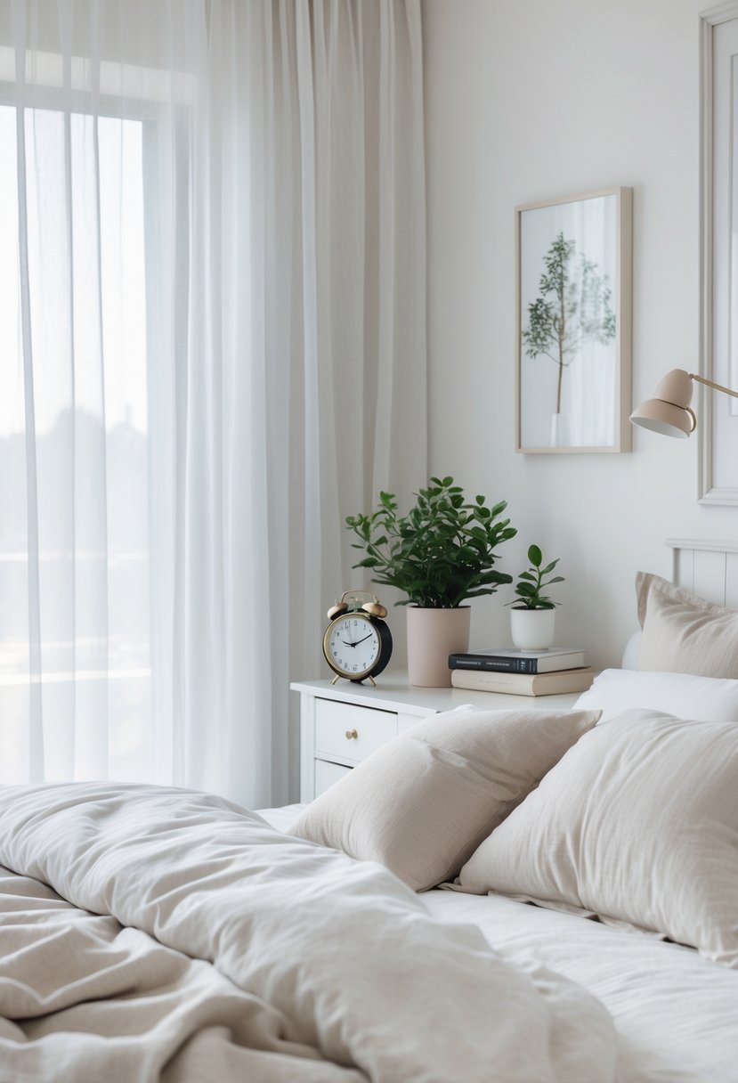 A tidy bedroom with a made bed, bedside tables holding books, a plant, and an analog clock, with sunlight coming through sheer curtains.