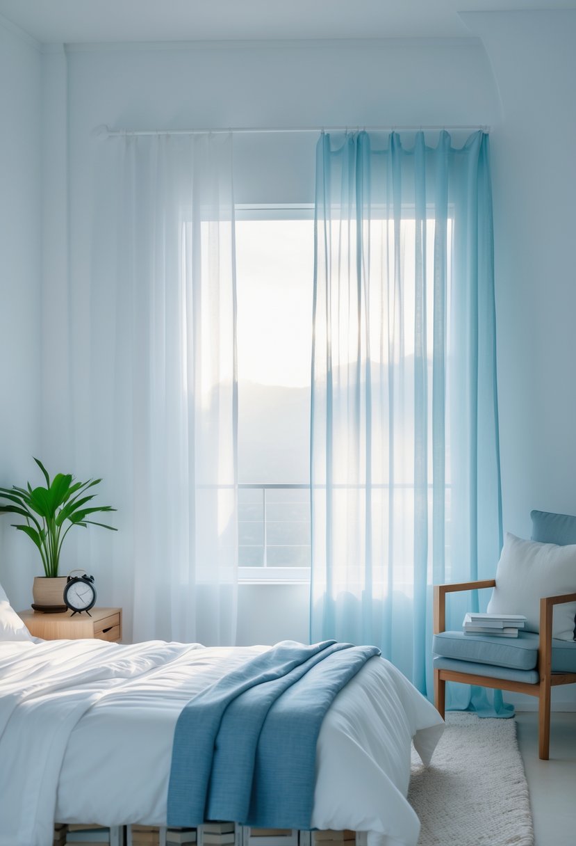 A peaceful bedroom with a neatly made bed, a wooden nightstand with a clock and plant, and a window letting in natural light, with no electronic devices visible.
