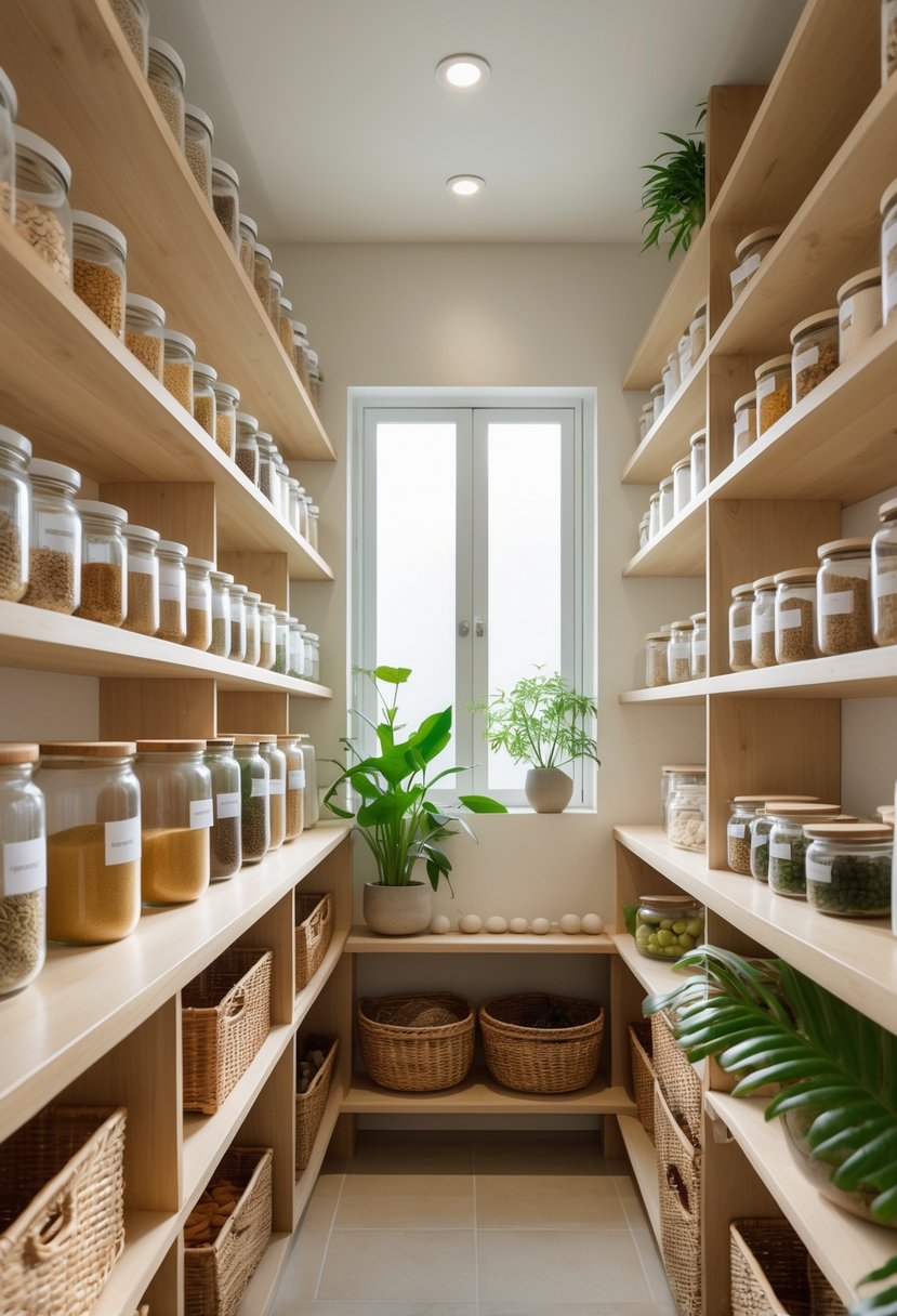 v2 18f5er xogpe 1 A bright pantry with neatly arranged jars, wooden shelves, wicker baskets, and green plants creating a calm and organized space.
