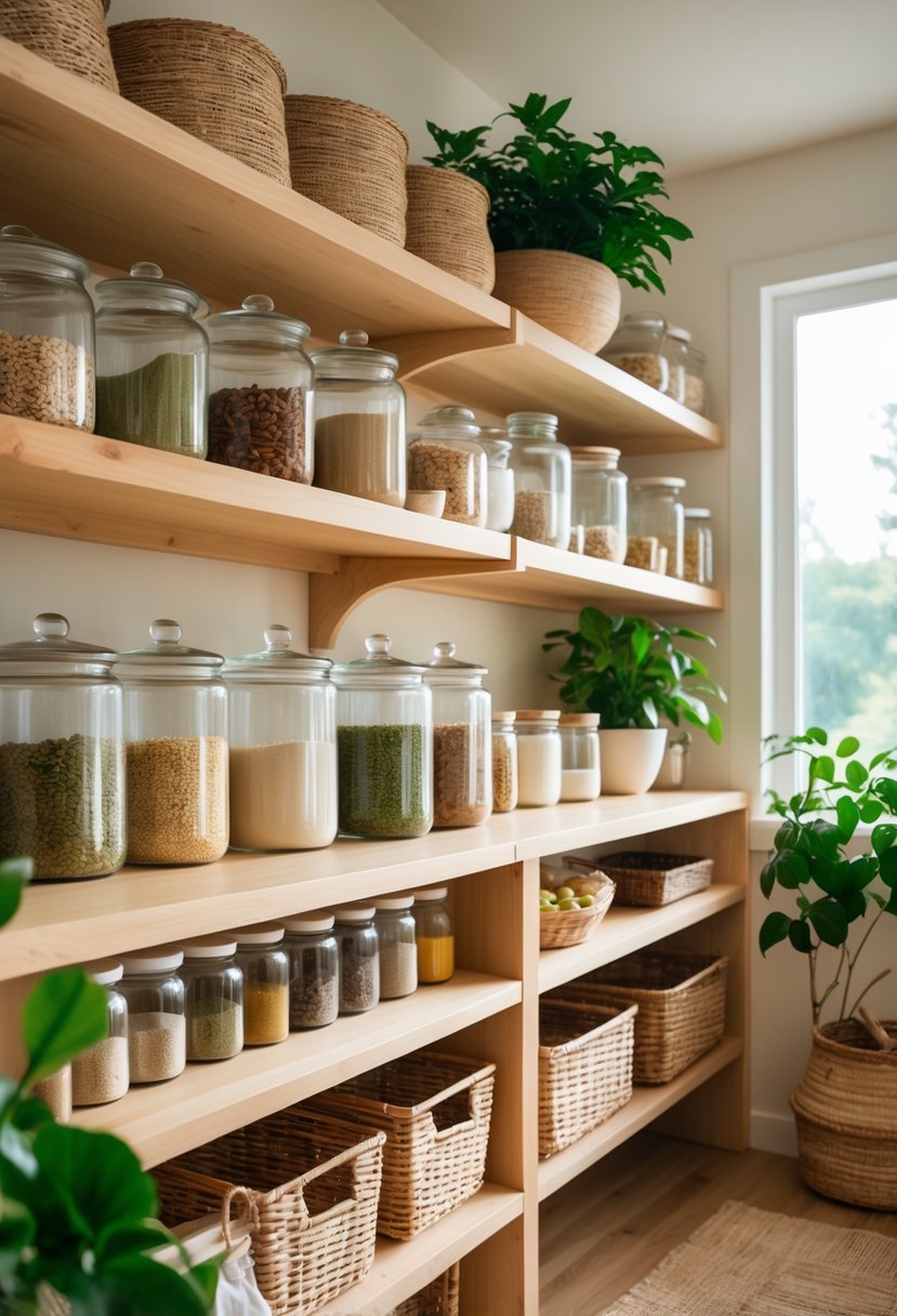 v2 18f5f8 wf4js 1 A bright pantry with wooden shelves neatly organized with jars, baskets, and green plants.