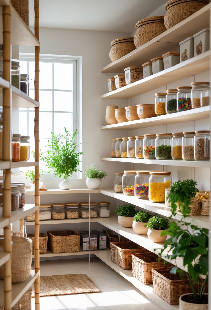 v2 18f5fs 2m9ob 1 A neatly organized pantry with wooden containers, glass jars, fresh herbs, and plants creating a balanced and tidy space.