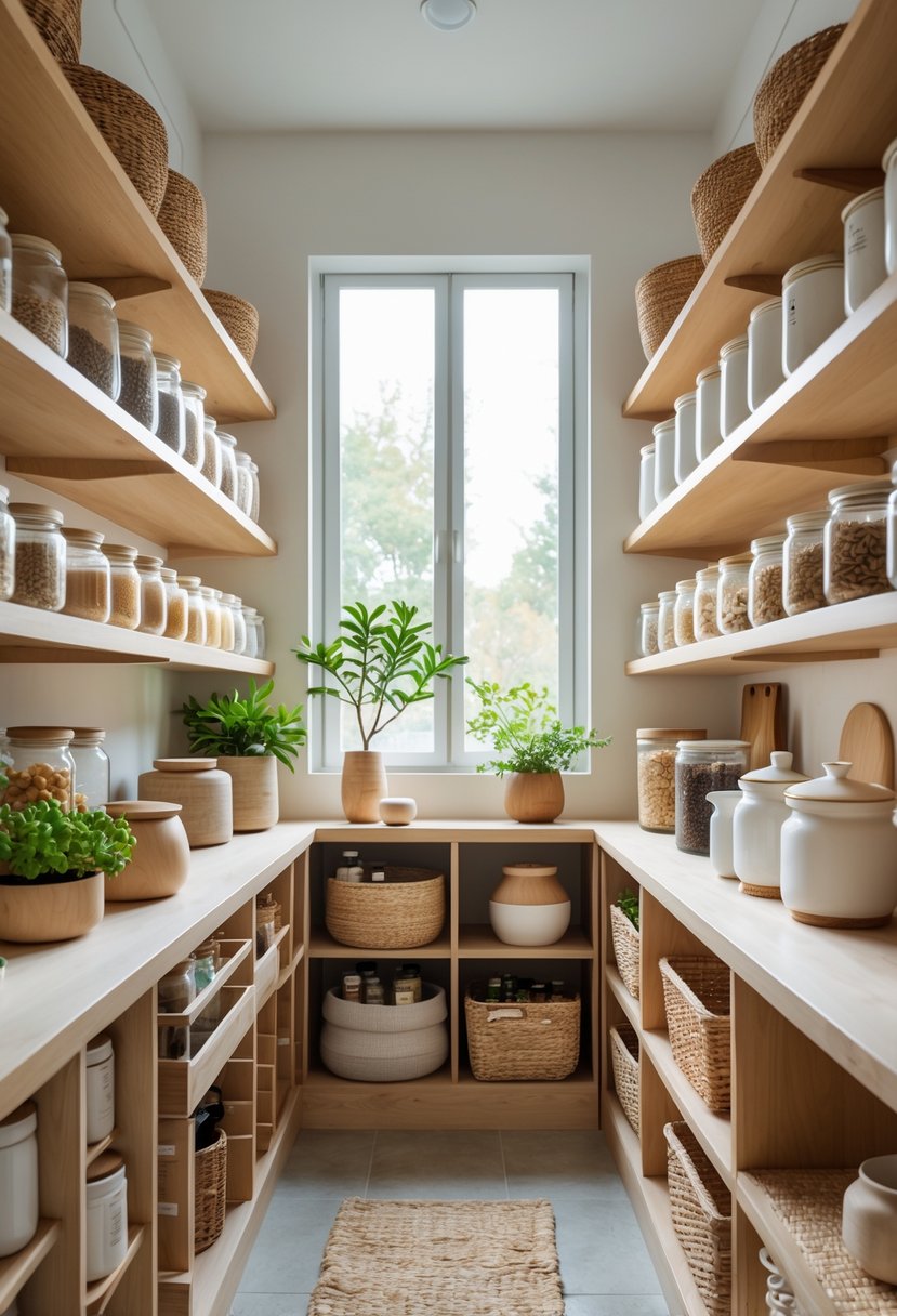 v2 18f5ir a6woa 1 A clean and organized pantry with shelves holding jars, containers, and plants, illuminated by natural light.