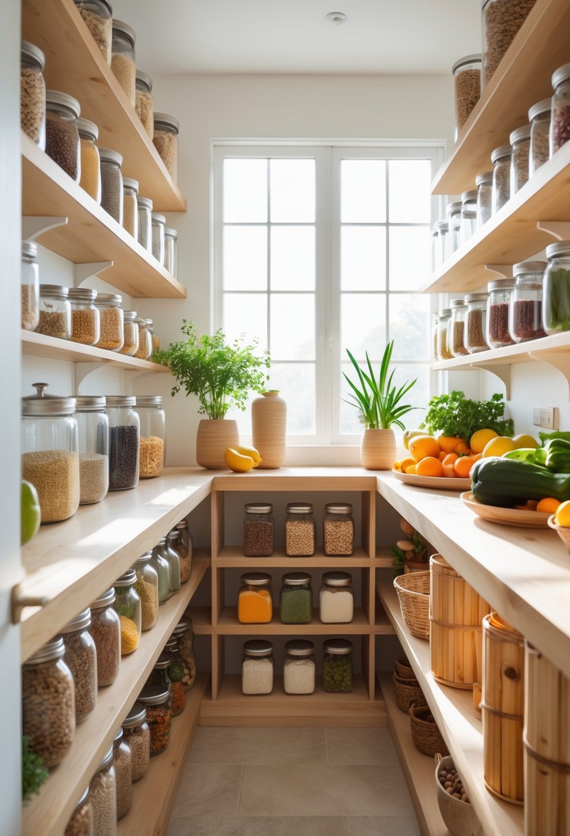 v2 18f5jd 4td2m 1 A neatly organized pantry with shelves holding jars of grains, spices, fresh fruits, vegetables, and small potted plants.