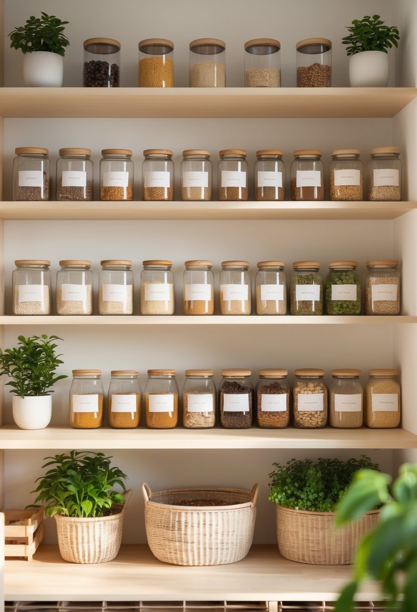 v2 18f5jx scmeq 1 A neatly organized pantry with clear jars, wooden shelves, and small plants arranged to create a balanced and harmonious space.